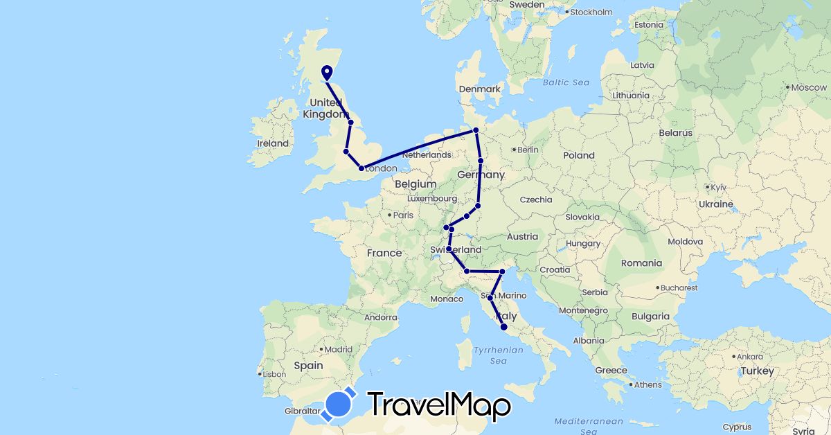 TravelMap itinerary: driving in Switzerland, Germany, France, United Kingdom, Italy (Europe)