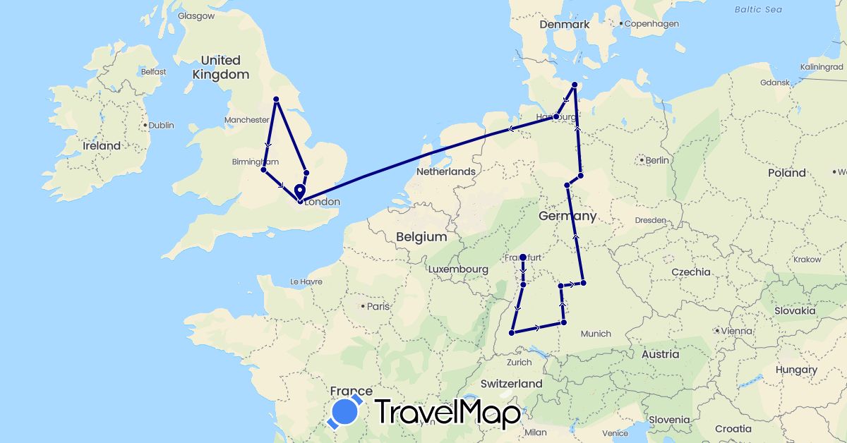 TravelMap itinerary: driving in Germany, United Kingdom (Europe)